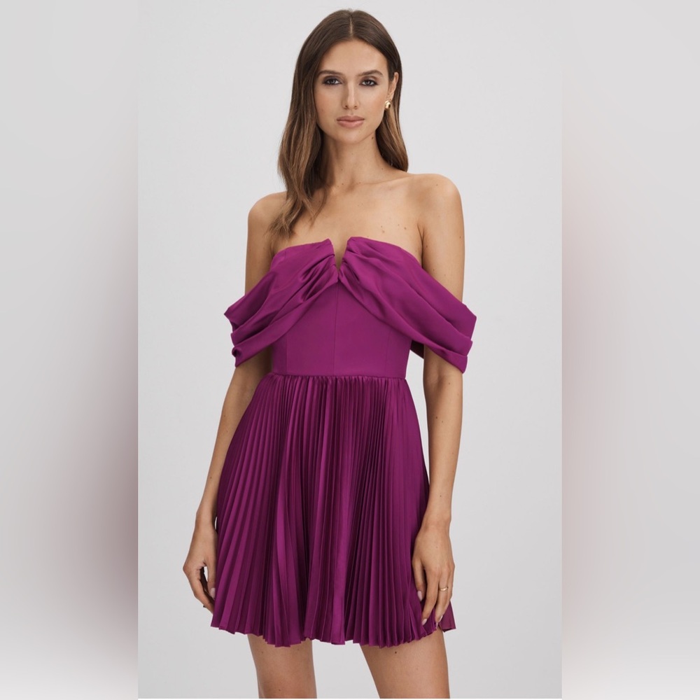 AMUR Strapless Off-Shoulder Pleated Mini Dress in Magenta